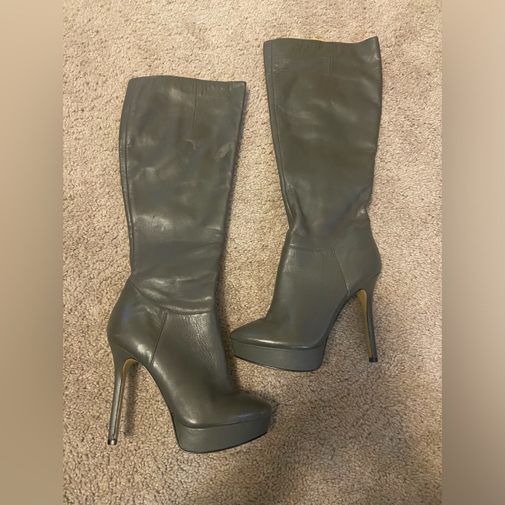 Gray Leather Stiletto Boots